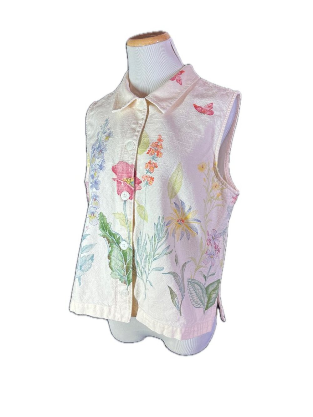 Vintage 90s Orvis Size L? Floral Vest Light Canvas Sleeveless Cotton
